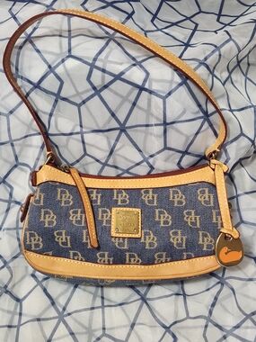 Dooney & Bourke Navy Logo Jacquard Shoulder Bag with Tan Leather Trim